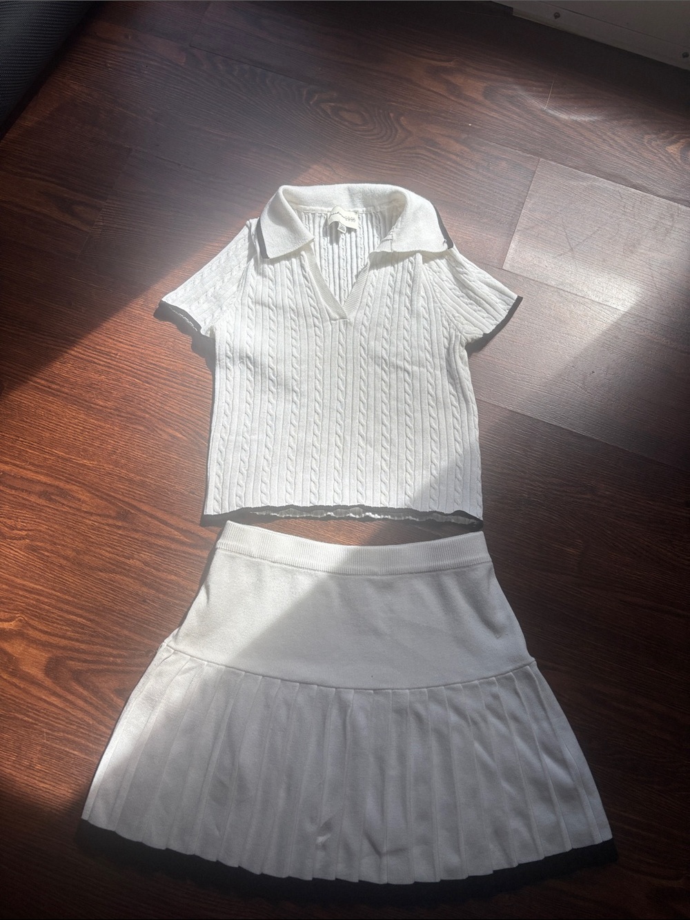 Woman’s White Knit Polo Set - Soft Cable Texture